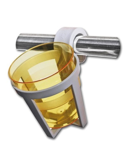 Universal plastic glass-holder snap mounting on pulpits or handrails.