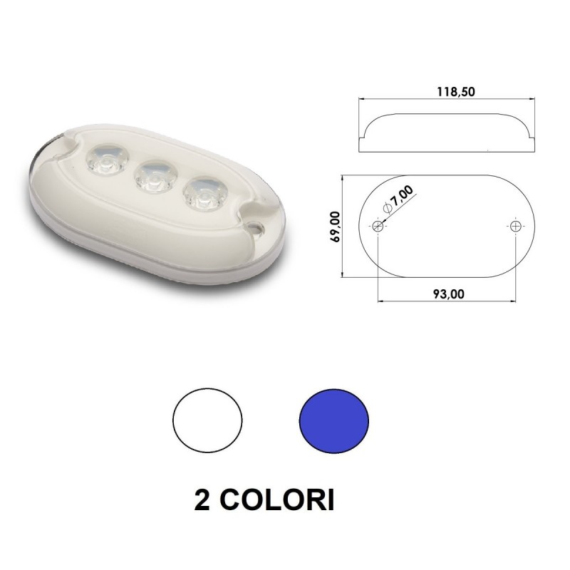 Luce subacquea ovale a 3 LED per plancette / specchio di poppa / carena
